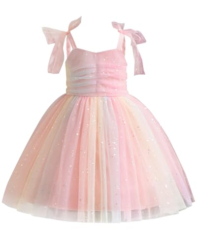 JiAmy Regenbogenkleider Mädchen Ärmellos Tüllkleid Rosa Rock mit Pailletten Trägerkleid mit Schleife Regenbogenkleid für Kinder für 3-4 Jahre