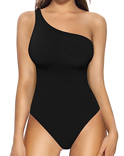 MANGOPOP Women's One Shoulder Off Sleeveless Tank Top Bodysuit Jumpsuits (A Sleeveless Black, Large)