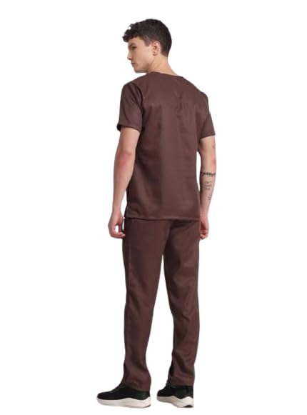 THE SCRUB LIFE Stretchable Male Mandarin V Neck t-shirt With Straight Pant Set (BROWN, MEDIUM)