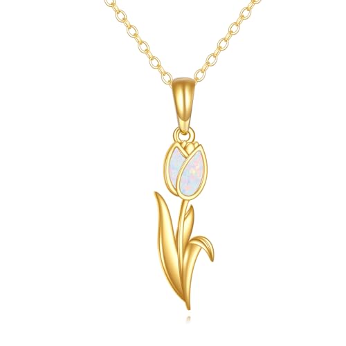 DOVRAN 14K Solid Gold Tulip Necklace for Women Real Yellow Gold Opal Flower Pendant Ideal Jewelry Birthday Gifts for Wife Mom