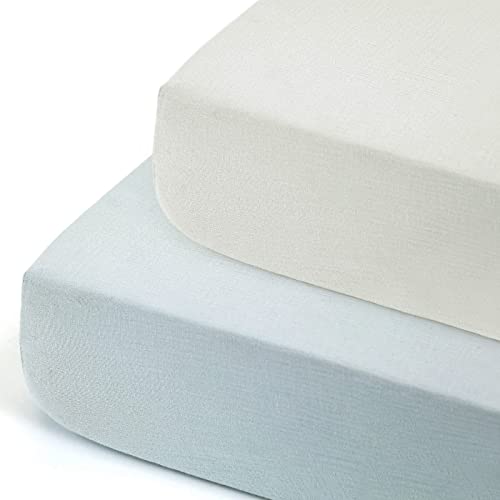 Image of GRSSDER Soft Muslin Crib Sheet 2 Pack, 100% Cotton Crib Sheets for Boys and Girls, Fit Standard Crib Mattresses 52" x 28" Safe and Snug, Light Gray/Light Blue