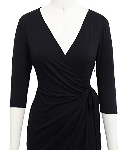 Berydress Women's Vintage 3/4 Sleeve V-Neck Knee-Length Sheath Draped Belt Faux Black Wrap Dress (Xl, 6083-Black) #TOP3