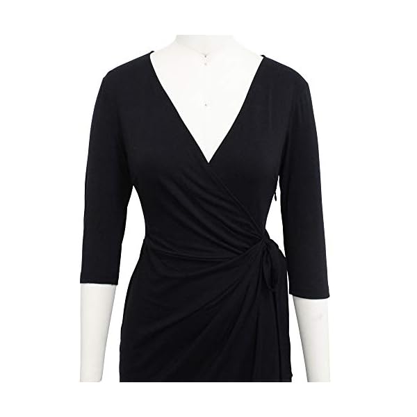 Berydress-Womens-Classic-34-Sleeve-V-Neck-Sheath-Casual-Party-Work-Faux-Black-Wrap-Dress Berydress Women's Elegant Draped V Neck Knee Length Sheath Wedding Party Night Out Work Black Wrap Dress with 3/4 Sleeves (L, 6083-Black)