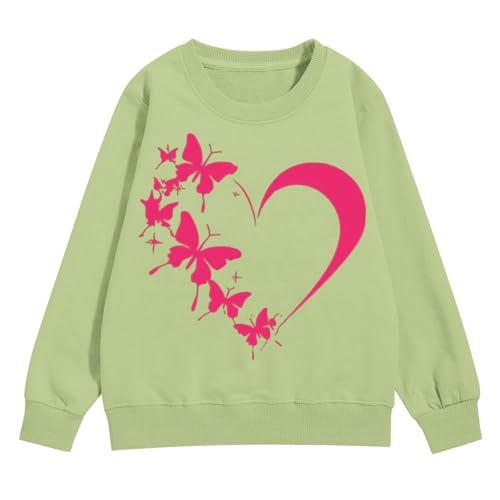 Girls Butterfly Heart Print Pullovers Solid Round Neck Lightweight Long Sleeve Tops Teen Loose Casual Sweatshirts