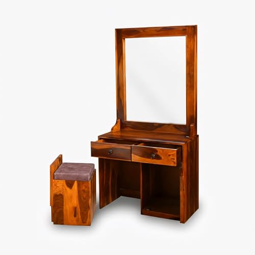 Image of Sheesham Wood Full-Length Dressing Mirror with 2 Drawers & Stool | Honey Finish | Wall-Mount & Free-Standing Decorative Mirror for Bedroom, Hallway & Entryway | Solid Wood Dressing Unit