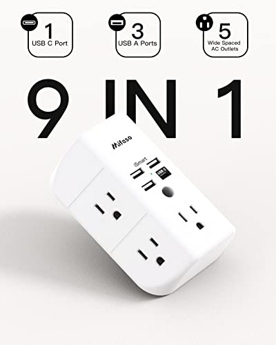 Wall Outlet Extender With Usb Ports Outlet Splitter Surge Protector Usb Wall Charger With 5 Outlet Extender And 3 Usb Ports 1 Usb C Outlet 3-Sided Power Strip Multi Plug Outlets #TOP1