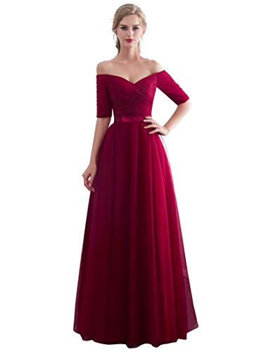 Beauty-Emily Cheap Wedding Dresses for Guest Burgundy Long Tulle Guests Dress Color Burgundy, Size US10-12