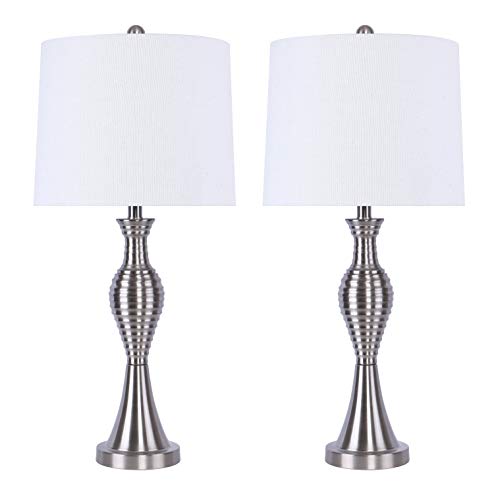 Grandview Gallery 30" Modern Brushed Nickel Table Lamp Set ft. Turned Metal Ribbed Body and Crisp White Linen Tapered Drum Shades (Set of 2)