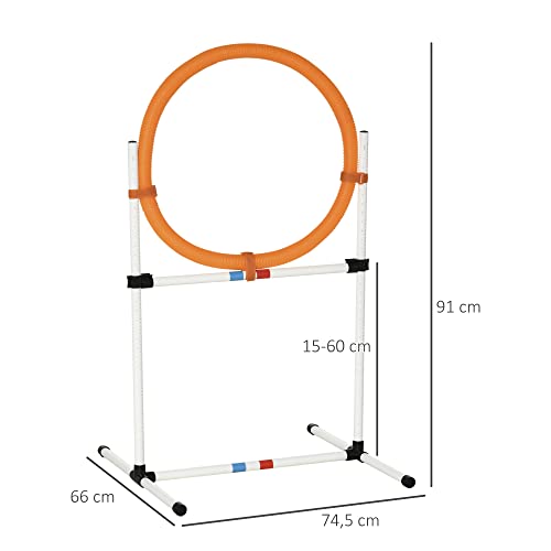 PawHut Agility Sprungring für Hunde, Agility Set Hunde, Agility Ring 2 in 1 Sprungringstange mit Tragetasche Kunststoff 74,5 x 66 x 91 cm Weiß+Orange