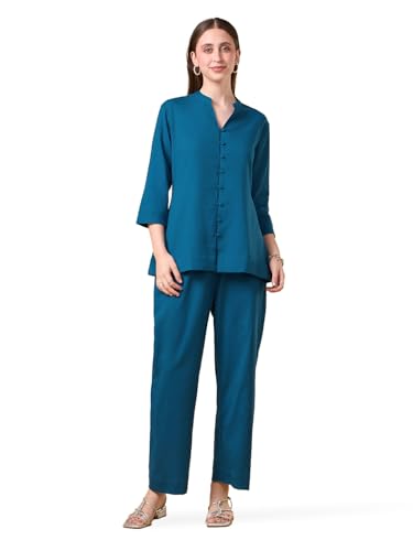 Image of Women's Solid Co-ord Set | Relaxed Fit Shirt & Pant Set | Soft Cotton-Linen Fabric | Casual & Travel Wear