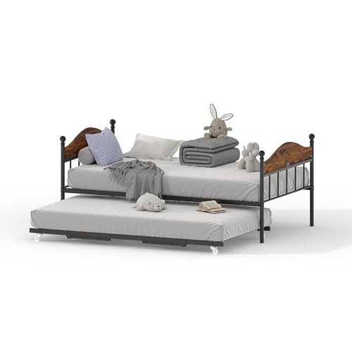 Garvee Twin Daybed with Trundle, Twin Bed Frame with with Stylish Headboard, Heavy Duty Steel Slats Platform for Living Room, Bedroom, Brown, Brown