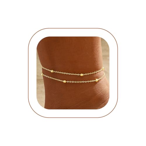 Image of 2 /3 PCS Gold Anklets for Women Waterproof Cuban Link Anklet Beaded Bracelets Stackable Bracelets 14K Gold Plated Custom Jewelry Gifts Non Tarnish Lightweight