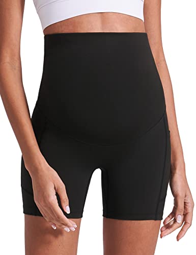 Image of Enerful Women's Maternity Yoga Shorts Over The Belly Comfy Workout Running Active Biker Pregnancy Pants with Pockets 5 inch