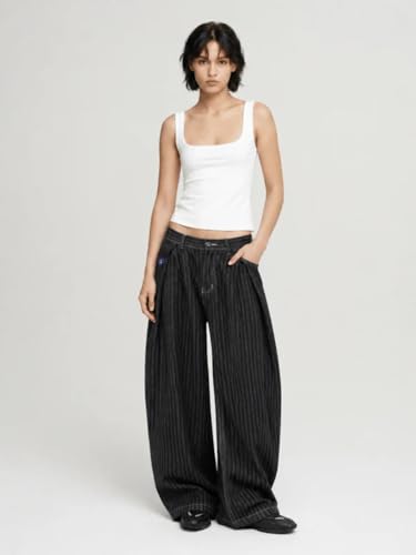 Image of Aelfric Eden Pinstripe Baggy Barrel Jeans Pleated Wide Leg Denim Pants Men Women Loose Fit Streetwear Vintage Trousers