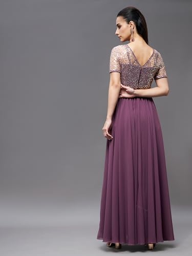 Image of Miss Chase Women's Round Neck Sleeve Embellished Fit Flare Maxi Dress