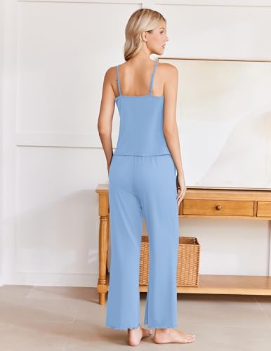 Image of Ekouaer Womens Y2K Cami Pajama Set with Flare Pants, 2 Piece Lace Trim Sleepwear Spaghetti Strap Pjs Set XS-2XL