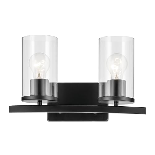 Image of Kichler Crosby 15.25 inch 2-Light Bathroom Vanity Light Fixture with Clear Glass in Black for Powder Room, Modern Wall Mount Over Mirror (15.25 inch x 8.75 inch), 45496BKCLR
