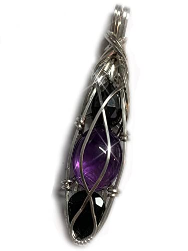 Black Tourmaline Amethyst Hematite Crystal Pendant Necklace Sterl...