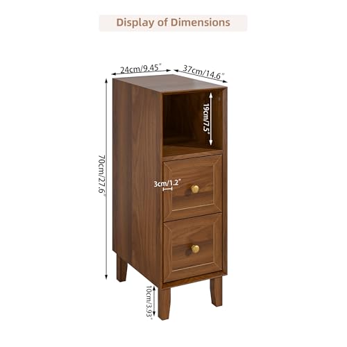 Image of Walnut Narrow Nightstand Set of 2, Mid Century Modern Small Bedside Table with 2 Drawers, Skinny Vintage Side Table, Wooden Night Stand, Slim End Table, for Living Room, Bedroom, Brown
