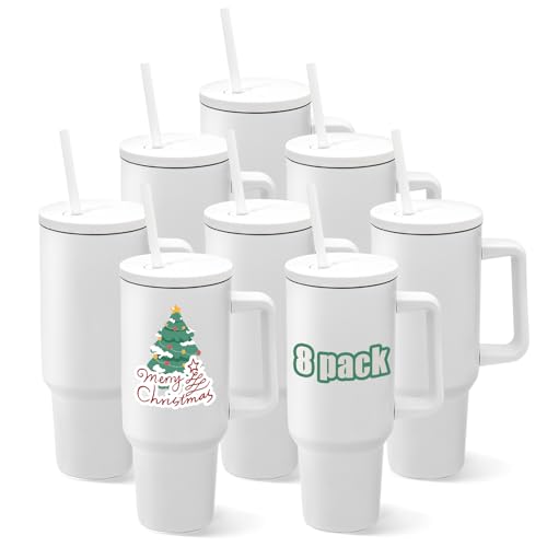 YOUKE OLA 8 Pack Sublimation Tumblers 40oz with Handle and Straw Lid Blanks Stainless Steel Insulated Large Tumbler Bulk Coffee Travel Cups for Tumbler Heat Press Sublimation Oven Printing White