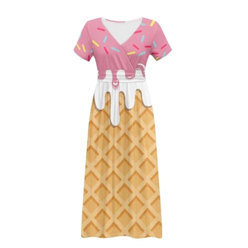 Image of Women's Fall Summer Short Sleeve Ankle Length V-Neck Party Dress with Pockets Size S-3XL