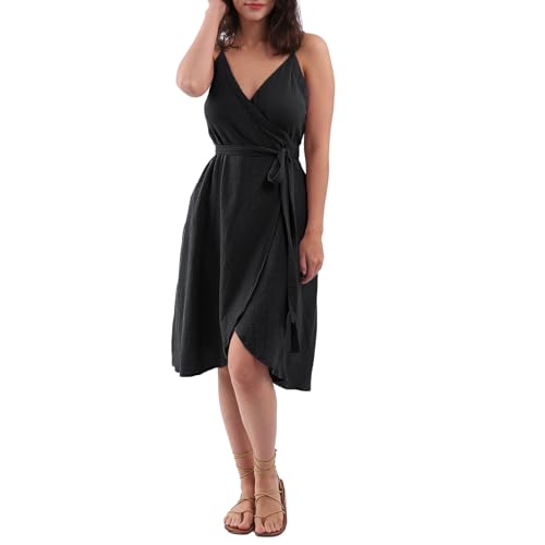 Image of Amazhiyu Women's Cotton Gauze Summer Midi Wrap Dress | Spaghetti Strap, Sleeveless, with Pockets, V-neckline