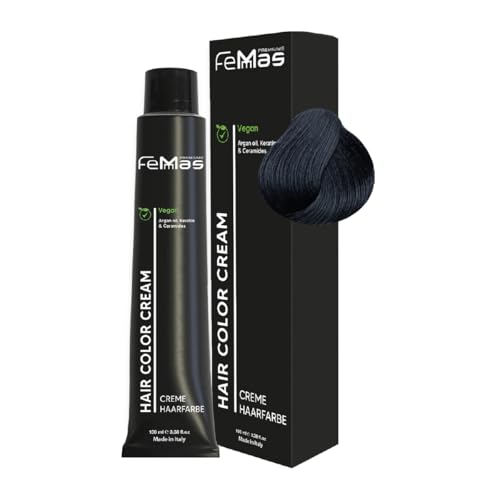 FemMas - Tintura per capelli blu-nero 1.1, crema colorante professionale con olio di argan, cheratina e ceramidi, colorazione permanente o tintura, per risultati durevoli, da 100 ml