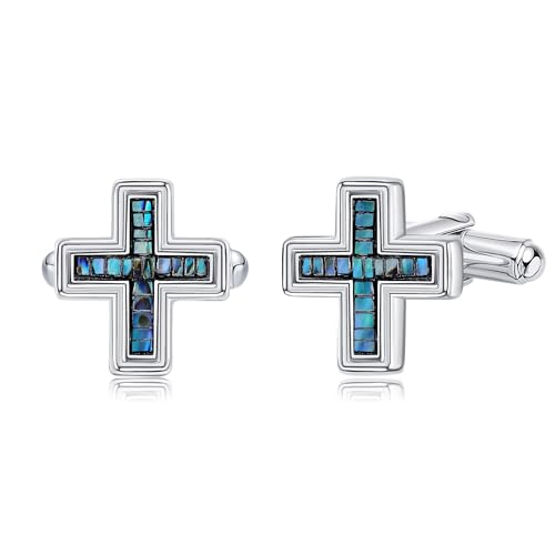 YAFEINI Cross Cufflinks for Men 925 Sterling Silver Abalone Shell Christian Pair of Cufflinks Business Wedding Groomsmen Gifts Suit Shirt Accessories for Men Father