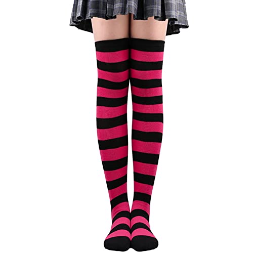 Genérico Azul Pitufo de la rodilla calcetines altos para mujer muslo ancho rayas medias para polainas talla S, rojo, Talla única