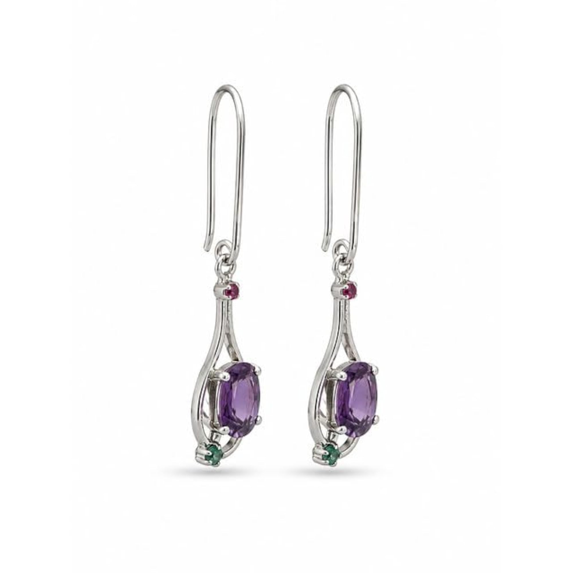 Women's 925 Sterling Silver Amethyst & Ruby Dangle Earrings