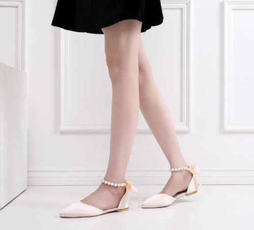 Image of Women's Bride Ballet Flats Satin Pointed Toe Pearl Ankle Strap Shoes