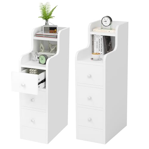 HaodaCulture Juego de 2, Mesitas de Noche Estrechas, Compartimento Abierto y 3 Cajón, 35x20x70cm, Mesa de Noche Estrecha 20 cm, Estilo Moderno, Mesita Auxiliar Alta de Madera, Mesilla, Blanco