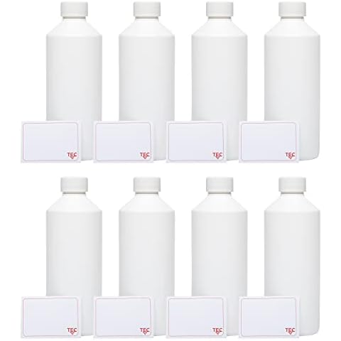 TEC Plastic Bottles Empty Containers 500ml 8 Pack HDPE 28mm Neck With Non Leak Screw Cap Lids and Labels for Water Chemicals Liquid Refillable Reusable Carrier Cover