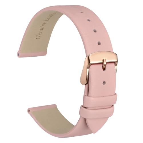 WOCCI 18mm Lug Width, Elegant Watch Band, Genuine Leather Replacement Strap with Rose Gold Buckle (Light Pink)