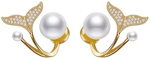 Pearl Mermaid Cuff Earrings, Fishtail Golden Pearl Earrings for Girls Women