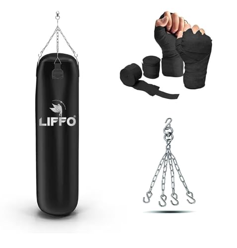 Image of Punching Bag for Home Gym Heavy Duty Boxing Punching Bag with Stainless Steel Hanging Chain Unfilled Synthetic Leather and Hand Wrap for (MMA,Kickboxing,Muay Thai,Taekwondo,Judo,Karate). (2FT) Black