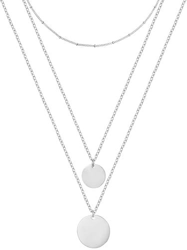 BONNYBIRD® Ketten Set Layering Kette Silber Damen Edelstahl mit Plättchen Anhänger Mehrreihig Multi Layer Halsketten Silberkette Frauen Lang Dreifach Boho Doppelkette Coin Wasserfest Schmuck