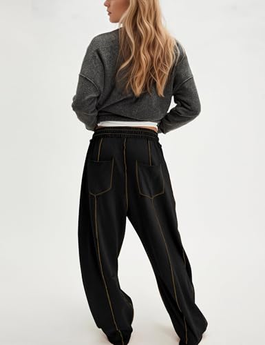 Women Summer Drawstring Baggy Wide Leg Pants Casual High Waist Palazzo Lounge Pants with Pockets3