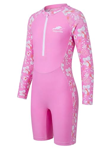 Gogokids Girls One Pieces Swimsuits Long Sleeve Rash Guard Suits UPF 50+ Bathing Suits Zipper Quick Dry Swimwear,Pink Flowers,9-10 Years — view 3