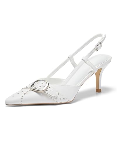 Image of Coutgo Womens Slingback Kitten Heels Studded Closed Pointed Toe Pumps with Buckle Party Dress Shoes