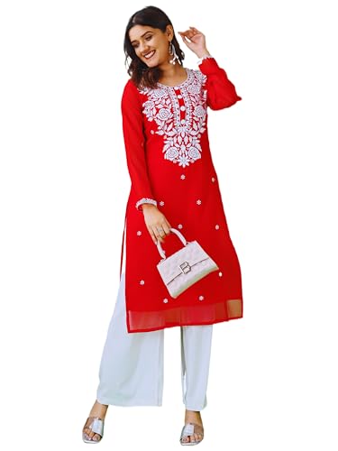 Image of HESVI Women's Georgette White Lakhnavi Chikankari Kurti with Intricate Embroidery Work