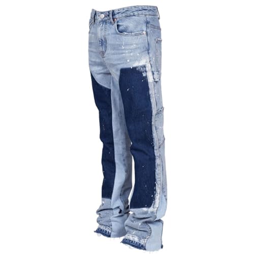 Mens Stacked Jeans Baggy Streetwear Ripped Bootcut Denim Pants with Pockets Stretch Patchwork Jean Trousers