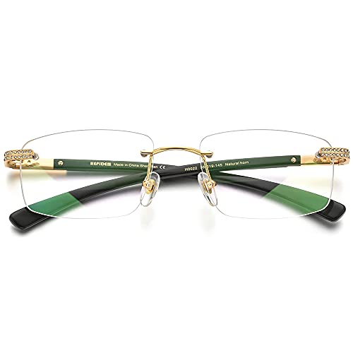 Image of HEPIDEM 100% Really Buffalo Horn Glasses,Square Rimless Luxury Buffs Eyeglasses with Zircon Diamonds