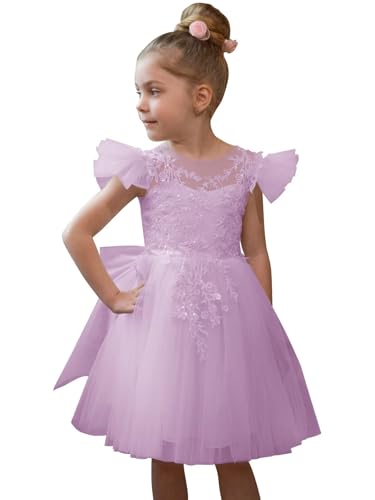 Lace Applique Flower Girl Dress for Wedding Tulle Bow-Knot Ball Gowns Ruffle Sleeves V-Back First Communion Dresses