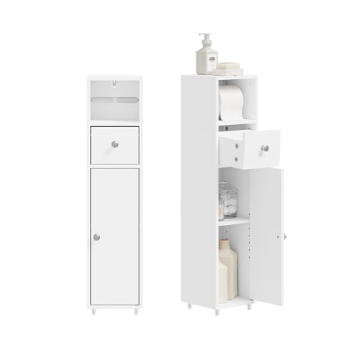 SoBuy Meuble Salle de Bain 20x20 cm, Meuble WC Étroit avec Porte-Rouleau et Porte Réversible, Rangement WC Compact avec Tiroir et Étagère Ajustable BZR219-W