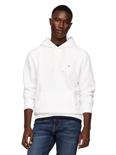 Tommy Hilfiger Sudadera con capucha de forro polar sólido de peso medio para hombre, también disponible en tallas grandes y altas, Blanco, Large