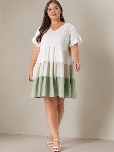 Image of Agnes Orinda Women's Plus Size Babydoll Ruffle Short Sleeve Casual Loose Flowy Swing Hem Chambray V Neck Mini Dress