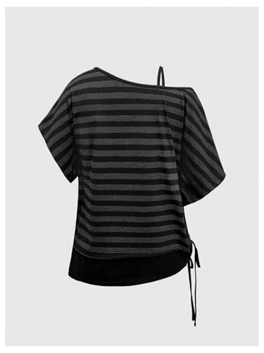 SHENHE Women's Oversized Gothic Grunge T Shirt Off Shoulder Striped Dolman Sleeve Y2k Tee Shirt2