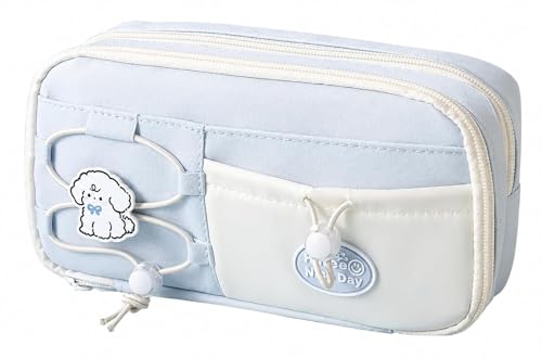 Image of Alokik Dog Light Blue Pencil Pouch for Girls, Large Capacity Sea Salt Blue Multi-Compartment Zipper Pencil Case with Front Pocket & Elastic Organizer, Cute Stationery Bag (Dog - Light Blue)