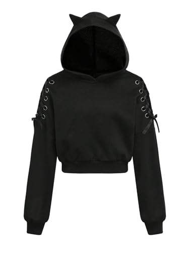 Girl's Lace Up Long Sleeve Hoodies Hooded Neck Cropped Sweatshirts Cute Pullover Tops